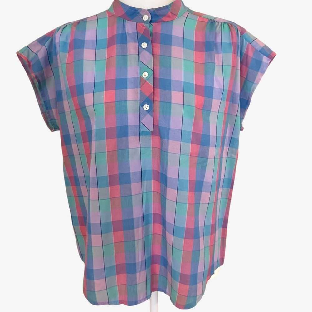 Vintage Pastel Colorful Plaid Button Blouse